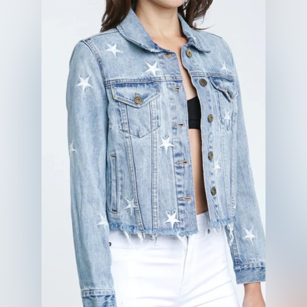 Pistola Brando Star Embroidery Cropped  Denim Jacket